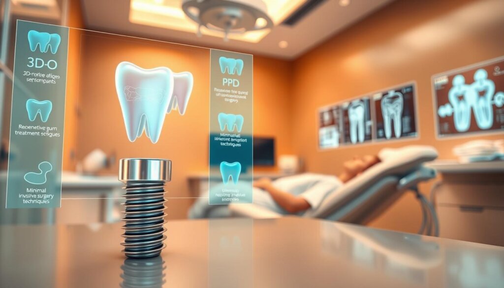 A gleaming dental clinic interior, warm-toned lighting casting a soft glow. In the foreground, a state-of-the-art dental implant device, its titanium surface polished to a mirror sheen. Behind it, a holographic display showcases cutting-edge tooth replacement technologies - 3D-printed bridges, regenerative gum treatments, and minimally invasive surgical techniques. The middle ground features a patient reclining comfortably, their missing tooth seamlessly replaced by a lifelike prosthetic. In the background, clinical diagrams and x-rays illustrate the precision and innovation driving advancements in restorative dentistry. An atmosphere of medical sophistication and patient-centric care permeates the scene.