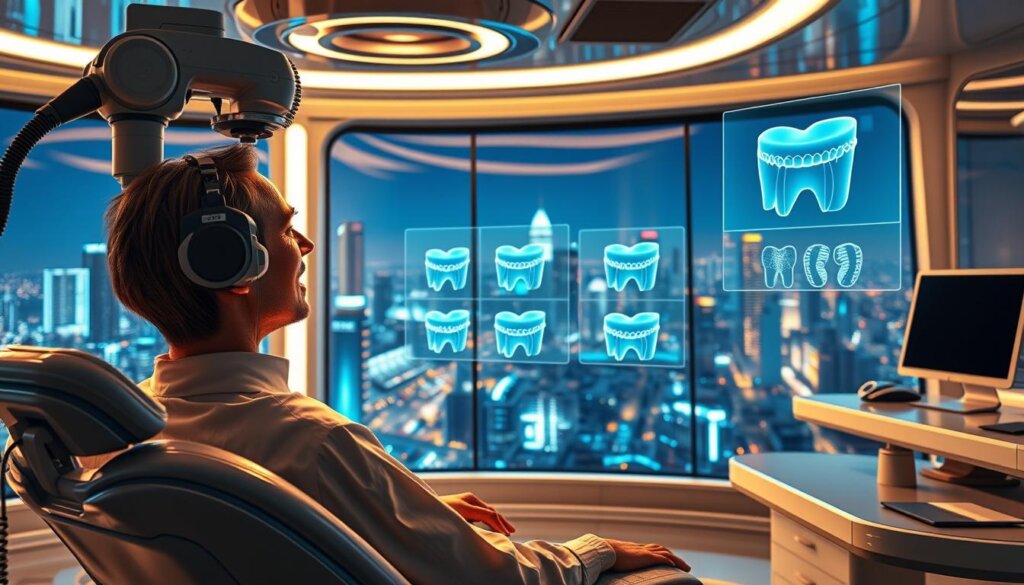 A gleaming, futuristic dental clinic with cutting-edge technology. In the foreground, a patient sits in a sleek, ergonomic chair, their mouth open as a robotic arm precisely scans their teeth. In the middle ground, holographic displays showcase intricate 3D models of dental prosthetics, hinting at the customization and precision of the next generation of removable partial dentures. The background features a panoramic window overlooking a bustling futuristic cityscape, bathed in a warm, glowing light that reflects off the chrome and glass surfaces of the clinic. The overall mood is one of innovation, confidence, and the promise of a brighter, healthier dental future.