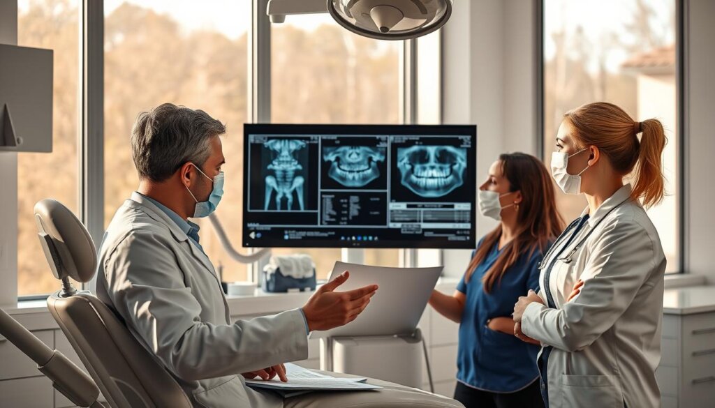 A group of dental professionals - a dentist, dental assistant, and dental hygienist - collaborating over a patient's dental x-rays and treatment plan. The scene is set in a well-lit, modern dental office with sleek, minimalist decor. The dental team is engaged in a focused discussion, gesturing towards the x-rays and patient records displayed on a large monitor. Their expressions convey a sense of professionalism, cooperation, and dedication to providing comprehensive oral healthcare. Warm, natural lighting from large windows casts a soft glow over the scene, creating a calm and reassuring atmosphere.