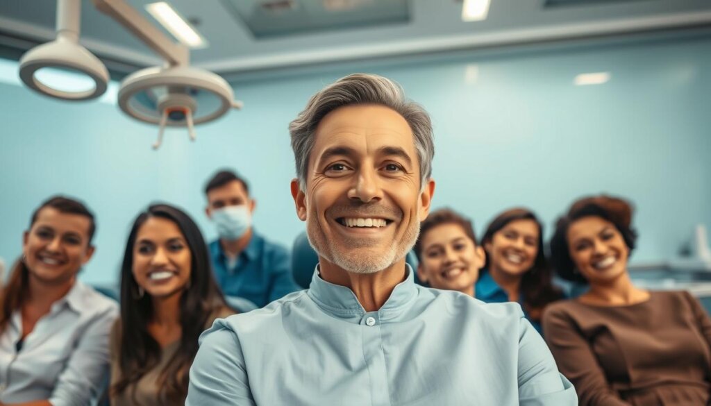 A group of diverse individuals sitting in a modern dental office, their faces subtly lit from above, conveying an atmosphere of professionalism and attentiveness. In the foreground, a middle-aged person with a missing tooth, their gaze directed at the dentist, showcasing the need for a dental bridge. In the background, a mix of younger and older patients, each with their own unique dental concerns, representing the varied demographics that may require this restorative solution.