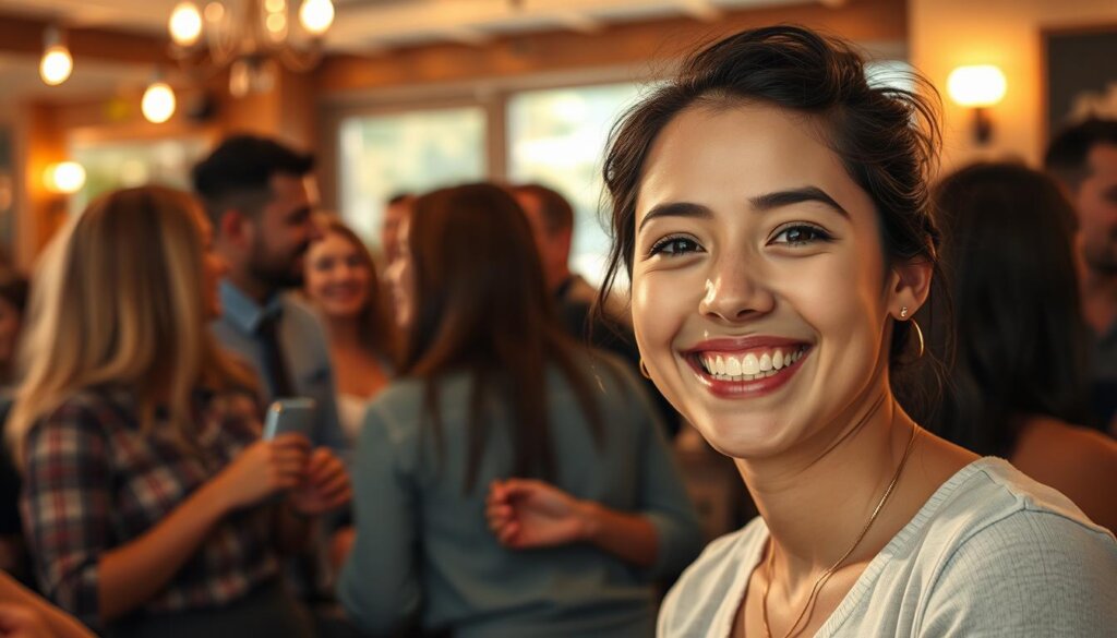 A group of people in a social setting, engaging in conversation. In the foreground, a person wearing Invisalign aligners, smiling confidently and naturally blending in with the crowd. The middle ground features a mix of friends and acquaintances, some also wearing Invisalign, their aligners almost unnoticeable. The background depicts a warm, welcoming environment, such as a cafe or restaurant, with soft lighting and a cozy atmosphere. The overall scene conveys the seamless integration of Invisalign into everyday social interactions, reinforcing the "almost invisible" nature of the treatment.