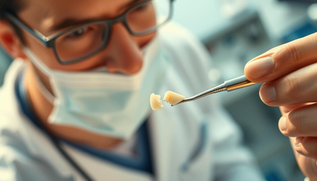 A high-angle close-up view of a dentist's hand holding a dental tool, carefully examining a broken tooth. The tooth is positioned prominently in the foreground, with a soft focus background revealing a sterile medical environment. Warm, natural lighting illuminates the scene, creating a sense of urgency and immediacy. The dentist's expression conveys a focused, professional demeanor, ready to provide emergency treatment. The overall mood is one of clinical attention and concern, reflecting the need for prompt action to address the broken tooth.