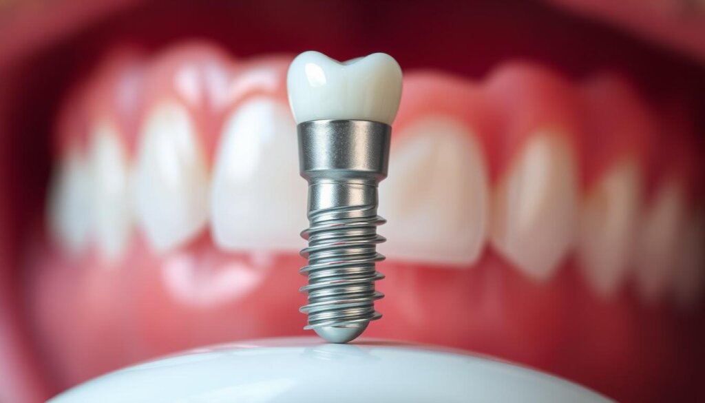 A high-quality dental implant close-up shot, showcasing its sleek titanium design and natural tooth-like appearance. The implant is positioned against a blurred background of healthy gums and teeth, conveying a sense of seamless integration. Soft, directional lighting highlights the implant's smooth surfaces and shiny metallic finish, emphasizing its durability and strength. The overall scene exudes a clinical yet inviting atmosphere, reflecting the benefits of dental implants - restoring function, aesthetics, and confidence in one's smile.