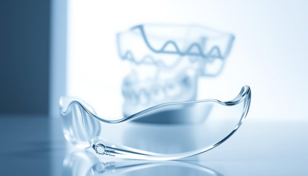 A high-quality, detailed 3D rendering of Invisalign clear aligners, showcasing the innovative technology. The aligners are presented in the foreground, with a crisp, clean focus, highlighting their transparent and discreet design. In the middle ground, a stylized, futuristic dental model or jaw structure is visible, emphasizing the precision engineering behind the product. The background features a soft, blurred gradient of blues and grays, conveying a sense of modern, clinical excellence. Bright, directional lighting accentuates the aligners' material properties and the advanced manufacturing techniques used to create them. The overall mood is one of innovation, sophistication, and the cutting edge of orthodontic technology.