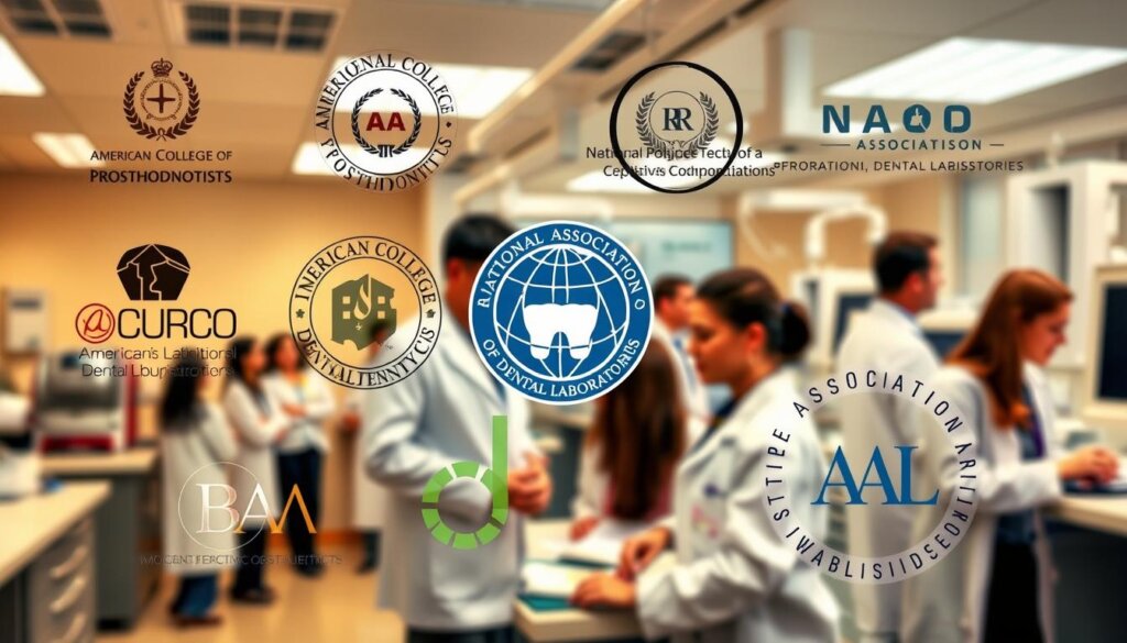 A high-quality, detailed image of professional dental associations related to dental prosthetics. In the foreground, display various logos and emblems of prominent organizations such as the American College of Prosthodontists, the International College of Prosthodontists, and the National Association of Dental Laboratories. In the middle ground, showcase images of professionals in lab coats, attending conferences or workshops, discussing technical innovations and best practices. In the background, depict a modern, well-equipped dental laboratory setting with advanced equipment and tools. Utilize warm, professional lighting and a clean, polished aesthetic to convey the high standards and collaborative nature of the dental prosthetics field.