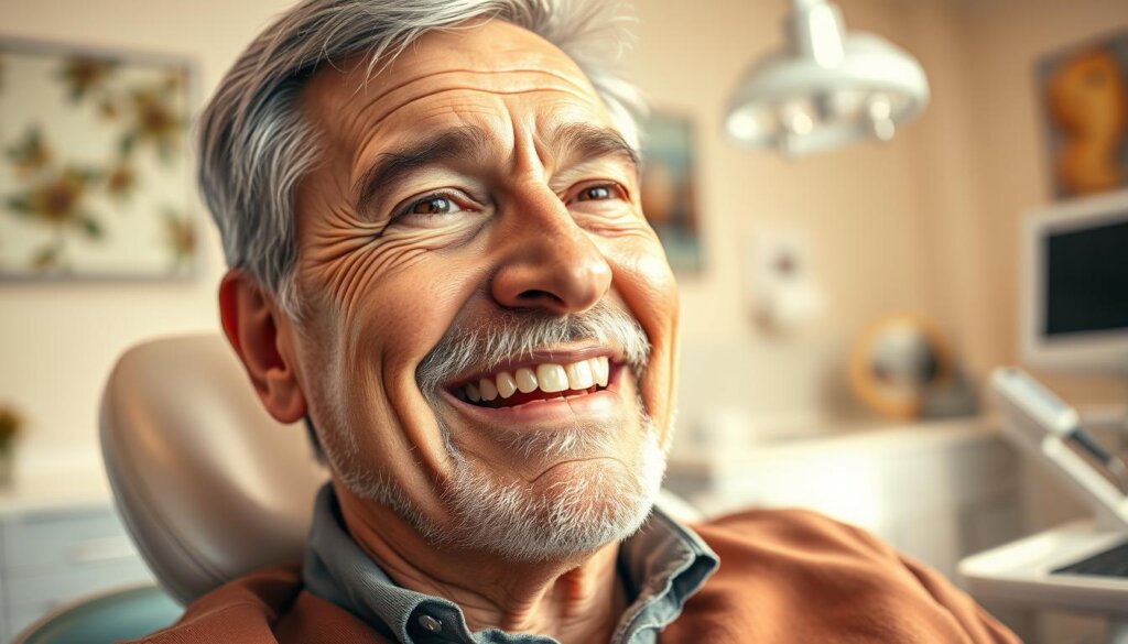 A middle-aged person sitting in a dentist's chair, mouth slightly open, exposing their teeth. The lighting is warm and natural, creating a sense of comfort and trust. The person's facial expression conveys a mix of apprehension and anticipation, as they consider the possibility of getting a removable partial denture. The background is a clean, modern dental office, with subtle details like dental equipment and wall decor that suggest a professional, yet welcoming environment. The image is captured from a slightly angled, close-up perspective, emphasizing the person's teeth and the potential need for a partial denture.