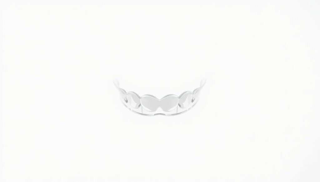 A minimalist white background, with a partially transparent set of Invisalign aligners subtly floating in the center. The aligners are rendered with meticulous photorealistic detail, capturing the slight sheen and translucence of the material. The lighting is soft and diffuse, creating a sense of ethereal weightlessness. The focus is sharp on the aligners, while the background fades gently into a hazy, out-of-focus realm, emphasizing the "invisible" nature of the orthodontic treatment. The overall mood is one of simplicity, elegance, and the seamless integration of Invisalign into the wearer's everyday life.