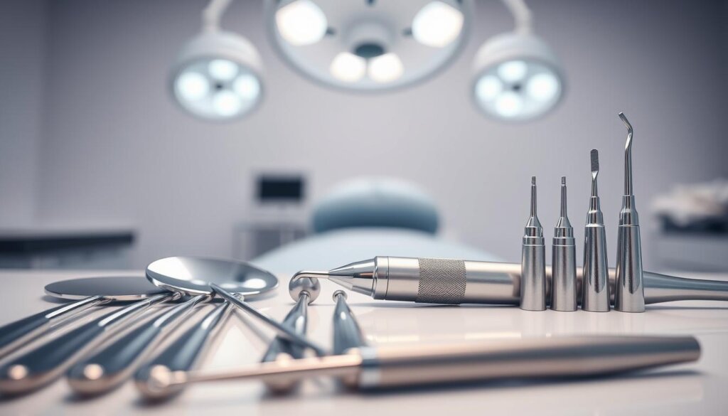 A neatly arranged collection of dental tools used in professional cleanings. In the foreground, a set of metal dental mirrors, probes, and scalers in pristine condition. In the middle ground, a high-speed handpiece with various attachments, resting on a clean, white surface. In the background, a bright, airy medical setting with soft, diffused lighting from overhead lamps, creating a sense of cleanliness and professionalism. The scene evokes a calm, reassuring atmosphere, reflecting the care and attention to detail expected during a thorough dental cleaning procedure.