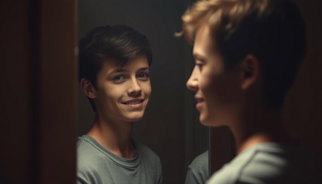 A pensive young person standing in a dimly lit room, their expression thoughtful and introspective as they gaze at their reflection in a mirror. The image is bathed in a soft, warm light, creating a sense of introspection and self-reflection. The mirror's surface is slightly blurred, suggesting the psychological impact of the Invisalign treatment, with the subject's teeth subtly visible through the transparent aligners. The background is intentionally blurred, keeping the focus on the subject's face and the emotional weight of the moment.