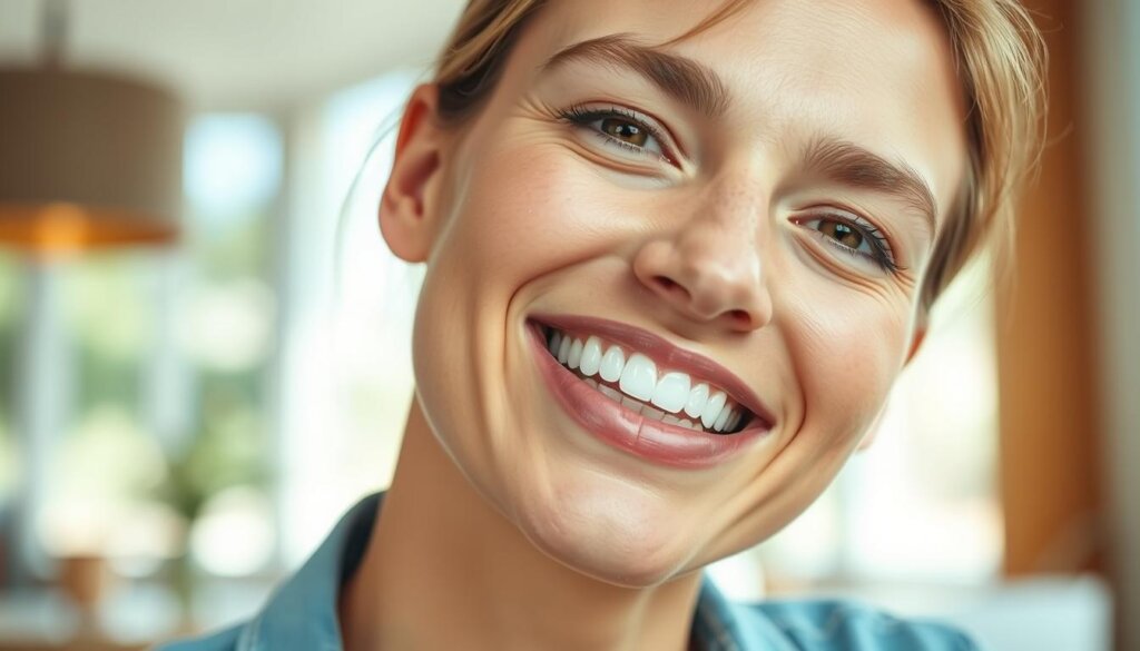 A person casually wearing transparent Invisalign aligners, the dental appliance almost imperceptible against their natural teeth. The scene is set in a bright, natural-lit room, capturing the subtle presence of the aligners during everyday activities. The subject's expression is relaxed, conveying the ease and unobtrusive nature of Invisalign in real-life situations. The camera angle is slightly angled, emphasizing the discreet integration of the aligners into the person's facial features. The lighting is soft and diffused, highlighting the transparency of the aligners and creating a sense of effortless wear. The overall mood is one of understated sophistication, reflecting the intended "almost invisible" quality of the Invisalign system.