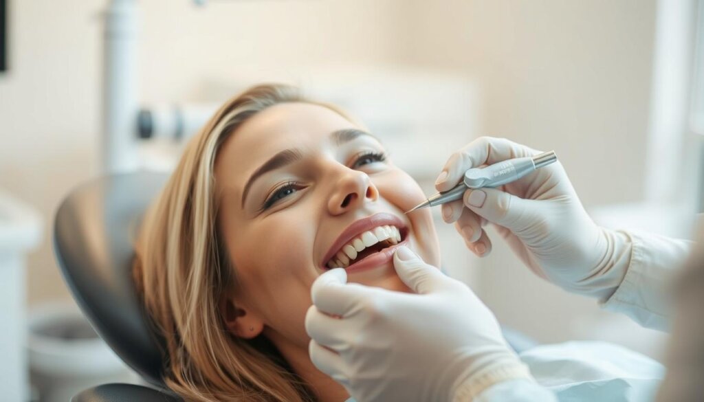 A person sitting in a dentist's chair, with a calm and relaxed expression, as a dentist gently cleans their teeth using a small tool. The lighting is soft and warm, creating a soothing atmosphere. The dentist's movements are slow and methodical, conveying a sense of care and attention to detail. The background is blurred, but suggests a clean, modern dental office. The overall scene evokes a sense of trust and comfort, highlighting the importance of anesthesia in making dental cleanings a pleasant experience.