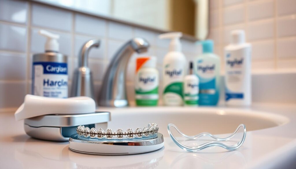 A pristine bathroom vanity with a variety of dental hygiene products meticulously arranged. In the foreground, a set of shiny metal braces and an Invisalign aligner are displayed, showcasing the contrast between traditional and modern orthodontic treatments. Soft, diffused lighting creates a calming atmosphere, while the background features a tiled wall and a mirror reflecting the scene. The composition emphasizes the importance of proper maintenance and care for both braces and Invisalign, highlighting the daily routines and attention required to keep one's smile healthy and aligned.