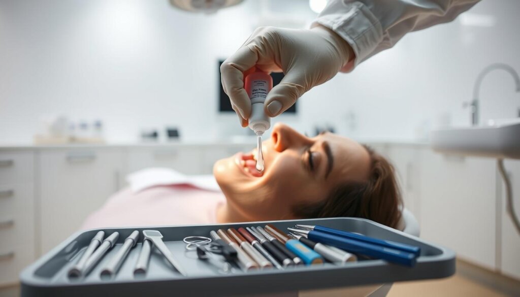 A pristine, well-lit dental clinic interior, with a patient reclined in a dental chair. In the foreground, a dentist's hand carefully applies a fluoride gel onto the patient's teeth. The middle ground showcases various dental instruments and equipment, meticulously arranged on a tray. The background depicts a clean, modern room with bright, indirect lighting, creating a calming and professional atmosphere. The scene conveys a sense of care, precision, and the importance of the fluoride treatment process for maintaining dental health.