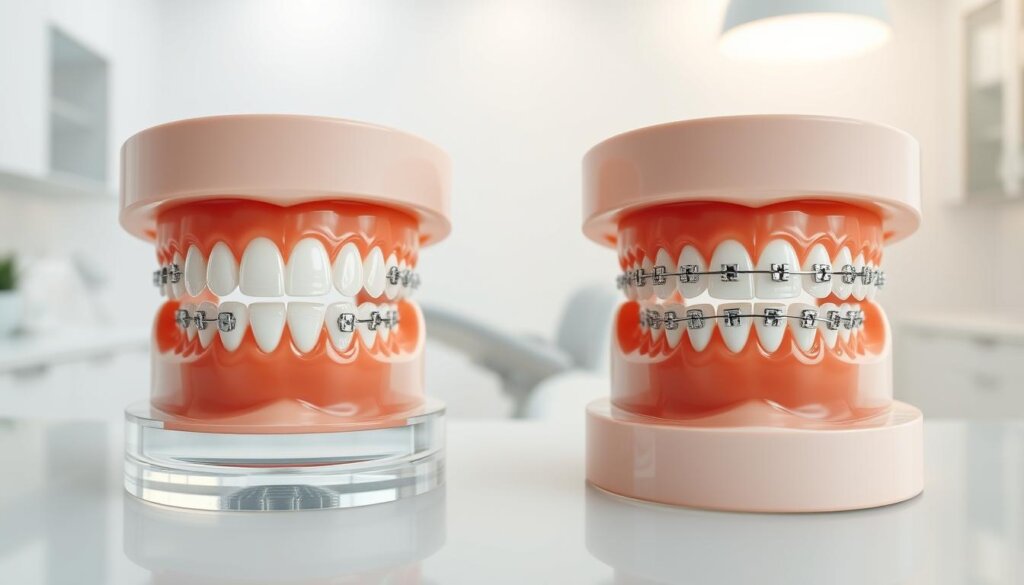A side-by-side comparison of Invisalign and traditional metal braces, showcased against a clean, clinical backdrop. In the foreground, two sets of teeth models are displayed, one with the clear Invisalign aligners and the other with the classic silver brackets and wires. The middle ground highlights the unique features of each orthodontic solution, such as the discreet appearance of Invisalign and the adjustability of traditional braces. The background features a softly lit, minimalist dental office setting, emphasizing the professional and medical environment where these treatments are typically administered. The overall mood is one of informative clarity, allowing the viewer to visually assess the differences between these two popular orthodontic options.