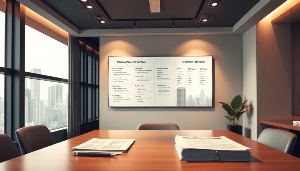 A sleek, modern office interior with clean lines and neutral tones. In the foreground, a desk with a laptop, pen, and a stack of insurance documents. Behind it, a wall-mounted display showcases insurance coverage details, dental plan options, and network provider information. Soft, directional lighting from overhead fixtures casts a warm glow, creating a professional yet approachable atmosphere. In the background, tall windows offer a view of a bustling city skyline, symbolizing the wide range of insurance choices available. The overall scene conveys a sense of clarity, organization, and informed decision-making regarding dental insurance coverage.