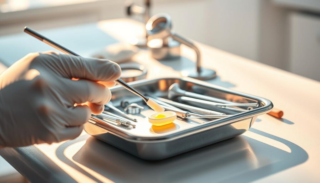 A stainless steel dental tray with a variety of fluoride treatment instruments rests on a pristine white table, casting long shadows under warm, diffused lighting. In the foreground, a dentist's gloved hand holds a small brush, delicately applying a fluorescent gel to a patient's tooth. The middle ground reveals a magnifying lens, a saliva ejector, and other tools of the trade, while the background blurs into a clean, clinical environment, evoking a sense of professionalism and care. The image conveys the precise, meticulous nature of the fluoride treatment process, highlighting its importance in the overall dental cleaning procedure.