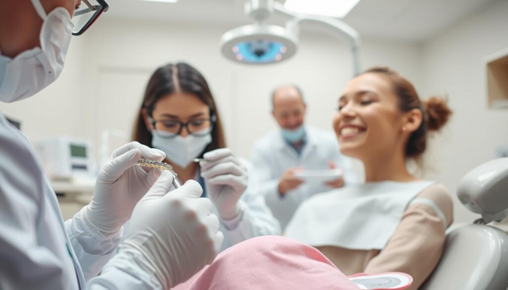 A sterile, well-lit dental clinic interior. In the foreground, a patient's mouth is being examined by a dentist, who is adjusting traditional metal braces using specialized tools. In the middle ground, another patient is having their Invisalign aligners removed and replaced with a new set. The dentist is carefully monitoring the progress and making adjustments as needed. The background features modern dental equipment, clean surfaces, and calming neutral tones to create a professional, clinical atmosphere. Soft, even lighting illuminates the scene, capturing the delicate precision of the dental procedures.