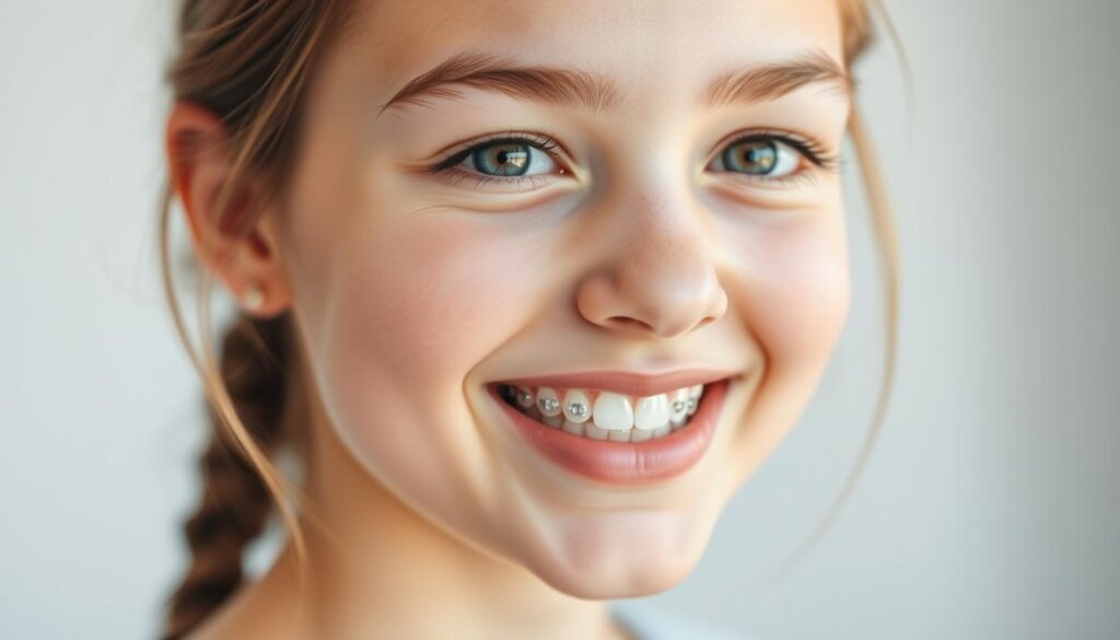 A teenage girl wearing translucent Invisalign braces, her face illuminated by soft, natural lighting. The braces are the focal point, subtly framing her youthful features. The background is a clean, minimalist setting, allowing the subject to stand out. The overall mood is one of confidence and openness, reflecting the age-appropriate nature of Invisalign treatment. The image captures the ideal candidate for this orthodontic solution - a teenager who can benefit from the discreet and comfortable nature of the clear aligners.