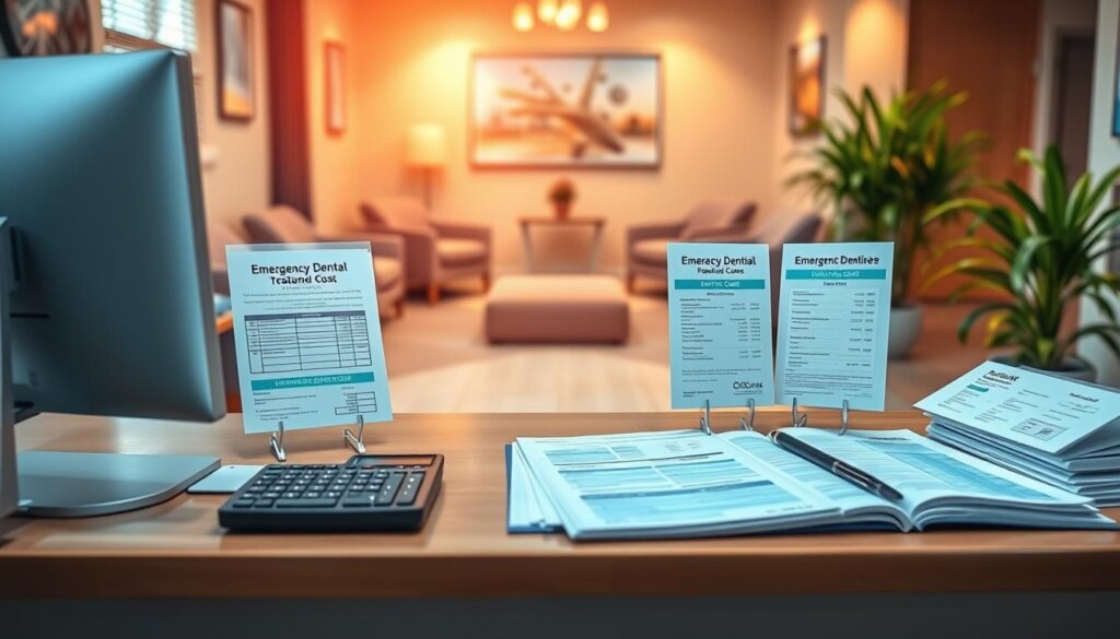 A vibrant, photorealistic image of a dental office reception desk, showcasing a variety of dental care cost-related documents, invoices, and brochures. The foreground features a well-organized desk with a modern computer monitor, a calculator, and a pen holder. In the middle ground, a display stand holds informative pamphlets on emergency dental care pricing and payment options. The background depicts a warm, inviting waiting area with comfortable chairs and soothing decor, conveying a sense of professionalism and care. The lighting is soft and natural, creating a calming atmosphere. The overall composition emphasizes the importance of understanding the financial aspects of emergency dental treatment.