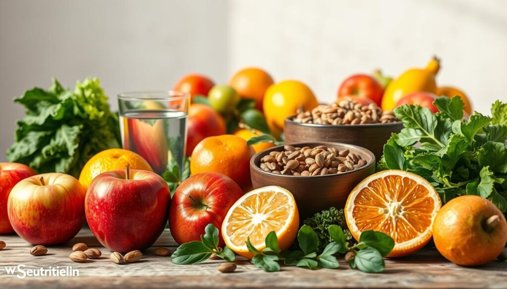 A vibrant still life depicting the nutritional elements essential for oral health. In the foreground, an array of fresh fruits and vegetables - crisp apples, juicy citrus, leafy greens - arranged with care. In the middle ground, a glass of water and a bowl of nuts and seeds, all bathed in soft, natural lighting. The background features a neutral, textured backdrop, allowing the vibrant colors and textures of the produce to take center stage. The overall composition conveys a sense of balance, health, and the importance of a nutrient-rich diet for maintaining a strong, vibrant smile.