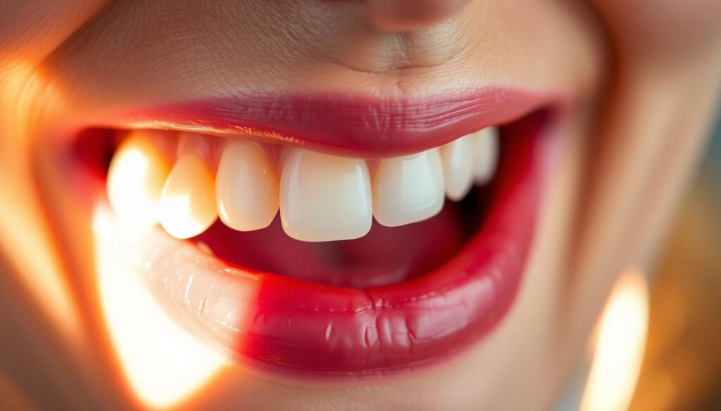 A vibrant, well-lit close-up view of a set of healthy teeth and gums, showcasing the benefits of Invisalign for oral health. The foreground features a set of straight, aligned teeth with minimal gaps or crowding, illuminated by soft, natural lighting. The middle ground depicts the gums, which appear pink and healthy, free of inflammation or discoloration. In the background, a blurred, out-of-focus image of a smiling face suggests the positive impact of Invisalign on overall dental aesthetics and confidence. The image conveys a sense of cleanliness, care, and the transformative power of this orthodontic treatment.