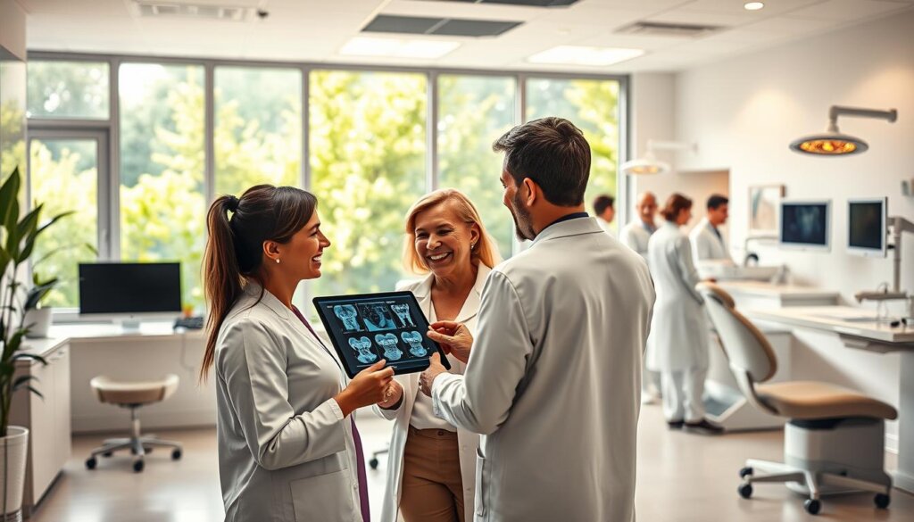 A well-lit, airy dental office interior with a modern, minimalist design aesthetic. In the foreground, two patients are consulting with a friendly dentist, discussing treatment options and examining a tablet displaying dental x-rays. The middle ground features a reception area with a clean, contemporary aesthetic and a large window overlooking a lush, green outdoor space. The background showcases high-tech dental equipment and a team of attentive dental professionals, creating an atmosphere of professionalism and care. The lighting is warm and inviting, highlighting the attention to detail and the overall sense of comfort and trust.