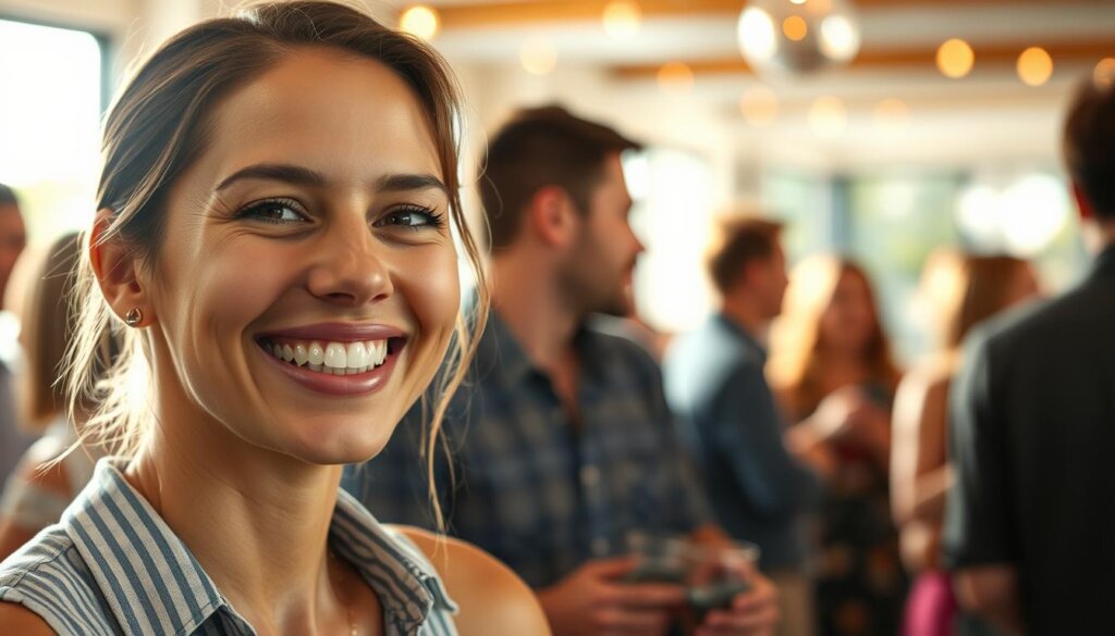 A well-lit, candid scene showcasing the advantages of Invisalign in social settings. In the foreground, a person smiles confidently, their clear aligners barely noticeable. In the middle ground, they engage in conversation with friends, their interactions unhindered by traditional metal braces. The background subtly depicts a lively social gathering, where the person blends seamlessly, their Invisalign providing a discreet, aesthetically pleasing solution. Soft, natural lighting casts a warm, inviting glow, emphasizing the ease and comfort of the Invisalign experience. The overall mood is one of relaxed confidence and social ease, highlighting how Invisalign can positively impact daily life.
