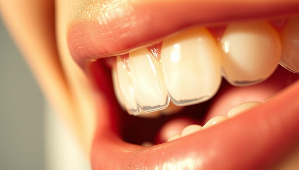 A well-lit, close-up photograph of a set of adult teeth partially obscured by clear plastic Invisalign aligners. The aligners are positioned at a slight angle, revealing the transformation in tooth alignment and positioning. The scene is captured with a shallow depth of field, allowing the aligners to be in sharp focus while the background is gently blurred. Warm, natural lighting from the side casts subtle shadows, emphasizing the texture and contours of the teeth and aligners. The overall mood is clinical yet inviting, highlighting the effectiveness of Invisalign in discreetly straightening adult teeth.