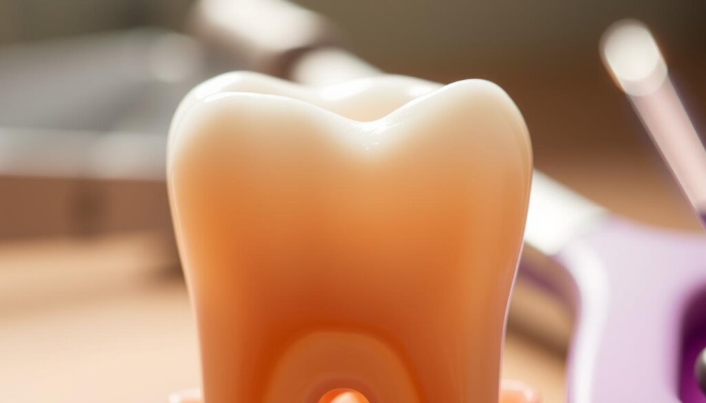 A well-lit close-up view of a human tooth, showcasing its intricate structure and highlighting the key preventive measures to avoid accidental fractures. The tooth is depicted in a warm, natural lighting, with a shallow depth of field to draw the viewer's attention to the details. In the foreground, the enamel surface is prominently displayed, showcasing its resilience and protective properties. In the middle ground, the dentin layer is visible, hinting at the underlying support structure. The background subtly suggests a dental setting, with blurred instruments or tools, conveying the importance of professional care in tooth fracture prevention. The overall composition aims to educate and inform the viewer about the anatomy and preventive strategies for maintaining strong, healthy teeth.