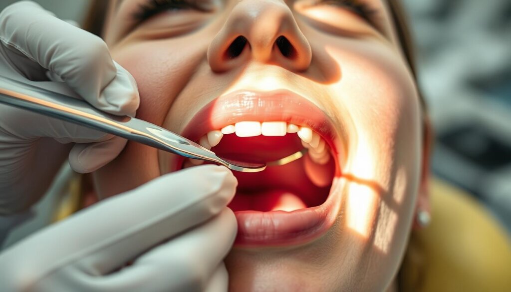 A well-lit, closeup view of a patient's open mouth, showcasing a dentist's gloved hands holding dental tools, such as a mirror and scaler, delicately cleaning the patient's teeth. The background is blurred, putting the focus on the intricate dental work in progress. The lighting is soft and natural, creating a calming, clinical atmosphere. The patient's facial expression conveys a sense of trust and cooperation, as they prepare for a thorough and professional dental cleaning.