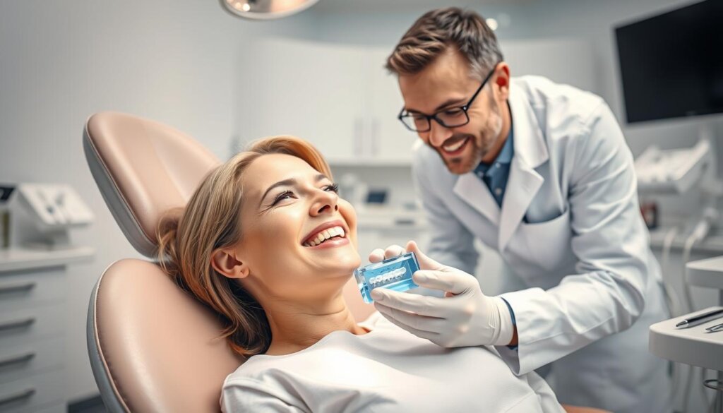 A well-lit dental office, pristine and modern, with a patient reclining in a plush, ergonomic chair. The dentist, dressed in a crisp white lab coat, leans in, holding a professional-grade teeth whitening tray. Soft, diffused lighting illuminates the patient's bright, radiant smile as the whitening process unfolds. The background features a clean, minimalist design, with dental equipment and instruments neatly arranged, conveying a sense of expertise and care. The atmosphere is serene, calming, and focused on the patient's comfort and satisfaction.