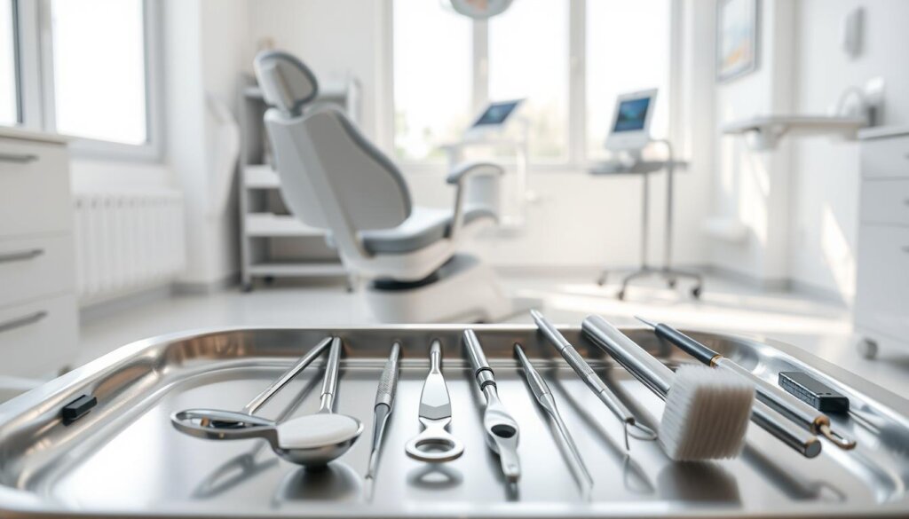 A well-lit dental office setting with a clean, minimalist aesthetic. In the foreground, an assortment of dental cleaning tools neatly arranged on a pristine stainless steel tray: a dental mirror, explorer, scaler, curette, and polishing brush. The tools are rendered in high detail, highlighting their intricate designs and gleaming surfaces. The middle ground features a dental chair in a soft, calming gray, and a mobile cart holding additional instruments. The background showcases a bright, airy space with large windows, allowing natural light to flood the room and create a sense of openness and tranquility. The overall scene conveys the professionalism and attention to cleanliness associated with high-quality dental care.