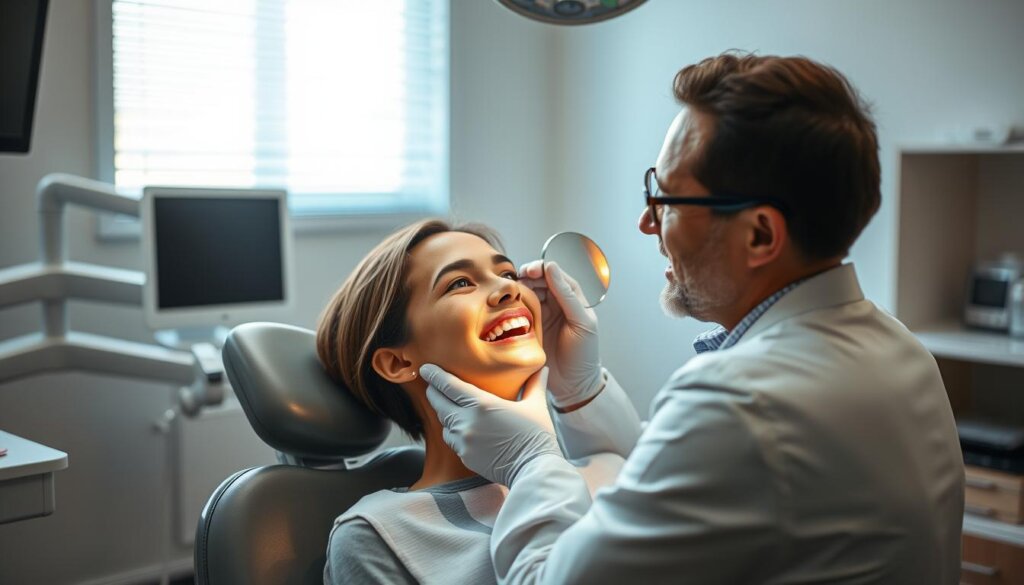A well-lit dental office setting, with a patient sitting comfortably in a chair as a dentist examines their teeth. The dentist is using a dental mirror to carefully inspect the patient's teeth, ensuring they are properly aligned and maintaining their post-treatment position. The office is clean and modern, with sleek dental equipment and calming, neutral-toned decor. Soft, directional lighting casts a warm glow, highlighting the dentist's focused expression and the patient's serene, confident demeanor. The scene conveys a sense of professionalism, attention to detail, and the importance of ongoing dental care for maintaining the results of orthodontic treatment.