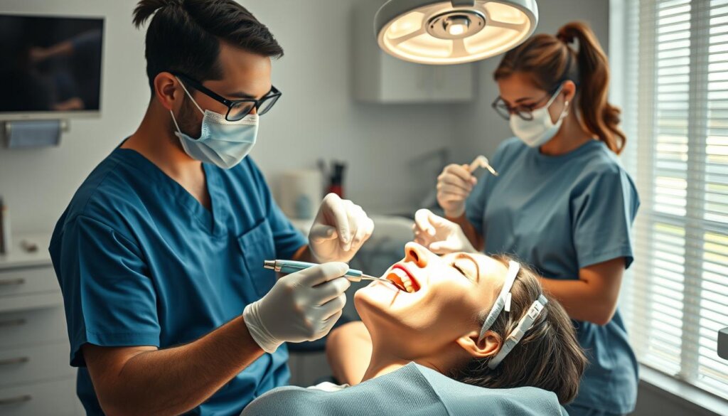 A well-lit dental office, with a patient reclining in the chair. In the foreground, a dentist wearing scrubs and a mask carefully uses a dental scaler to remove plaque and tartar from the patient's teeth. Beside them, an assistant hands the dentist various dental tools. In the background, a dental hygienist polishes the patient's teeth with a rotating polishing tool, creating a sparkling, clean smile. The scene conveys a sense of professionalism and attention to detail, reflecting the care and expertise involved in the dental cleaning procedure.