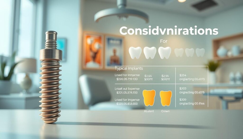 A well-lit, detailed illustration depicting the financial considerations for dental implants. In the foreground, a 3D model of a dental implant and its components, showcasing the various elements that contribute to the overall cost. In the middle ground, a graphical breakdown of the typical expenses associated with implant procedures, including the implant itself, abutment, crown, and any additional fees. In the background, a subtle, professional-looking environment with medical-themed decor, conveying the clinical setting. The image should have a clean, informative, and visually appealing aesthetic, suitable for use in a dental implant guide article.