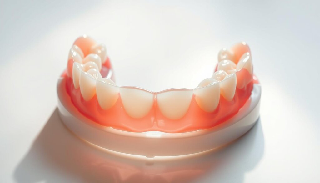 A well-lit, high-resolution image of a partial denture on a clean, white surface. The denture is positioned centrally, with a clear view of its components - the base, clasps, and any other visible parts. Lighting is soft and diffused, creating gentle shadows that accentuate the denture's details. The image has a clinical, educational feel, conveying a sense of professionalism and attention to dental hygiene. The background is minimal, allowing the partial denture to be the sole focus of the composition.