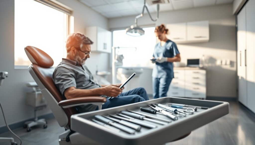 A well-lit, modern dental office. In the foreground, a patient sits in a reclining dental chair, examining the array of sterile instruments and tools laid out on a tray beside them. The middle ground shows a dental hygienist, dressed in scrubs, preparing the examination area, ensuring everything is organized and ready. In the background, the office is clean and organized, with dental equipment and cabinets lining the walls. Soft, natural lighting filters in through large windows, creating a calming, professional atmosphere. The overall scene conveys a sense of anticipation and preparation for the upcoming dental check-up.
