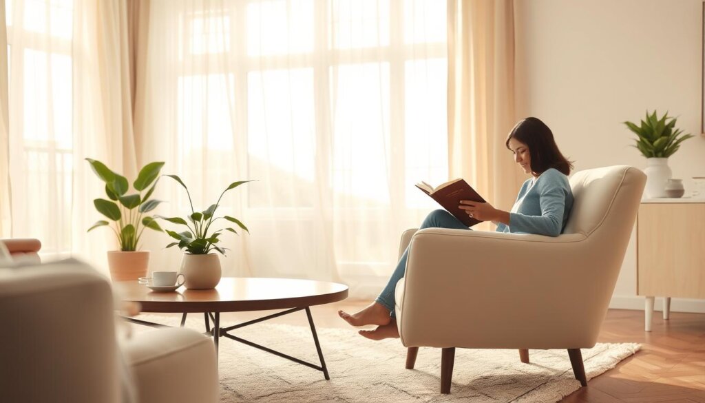 A well-lit, serene living room with soft, earthy tones. In the foreground, a person sits comfortably on a plush armchair, their posture relaxed as they read a book. The middle ground features a stylish coffee table with a potted plant and a mug of hot tea. The background showcases large windows that let in natural light, framed by sheer curtains blowing gently in the breeze. The overall atmosphere conveys a sense of calm and mindfulness, reflecting the lifestyle adjustments needed after a chipped tooth injury.