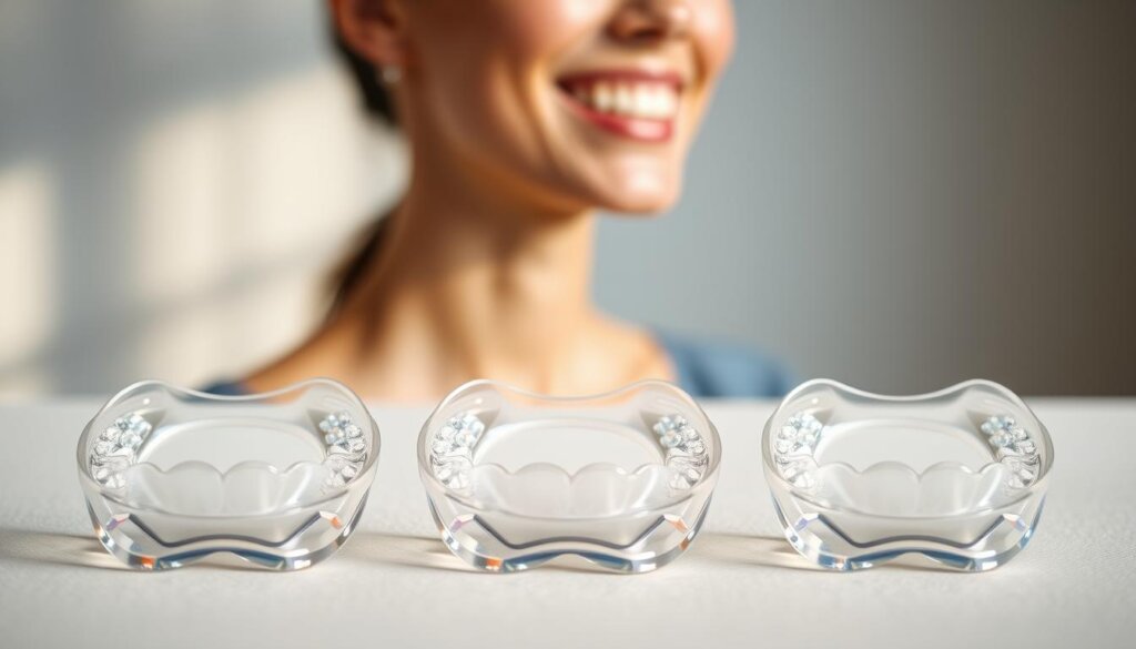 A well-lit studio setting showcasing a close-up comparison of different clear dental aligners. In the foreground, three sets of aligners are displayed on a neutral-colored surface, allowing for detailed examination of their transparency, fit, and overall appearance. The middle ground features a model's face in profile, their smile subtly visible through the aligners, demonstrating the aligners' near-invisible nature. The background is softly blurred, maintaining focus on the aligners and the model's face. Soft, directional lighting accentuates the aligners' clarity and the model's natural features, creating a sense of clarity and aesthetic appeal.