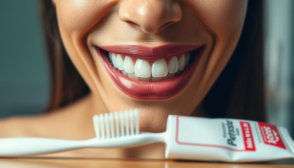 Detailed close-up of a person's mouth wearing clear dental aligners, illuminated by soft, diffused lighting. The aligners are positioned prominently, showcasing their discreet and barely-visible design. In the foreground, a toothbrush and toothpaste tube are neatly arranged, emphasizing the importance of oral hygiene when using orthodontic appliances. The background is blurred, directing the viewer's attention to the main subject. The overall scene conveys a sense of care, cleanliness, and the seamless integration of aligners into one's daily dental routine.