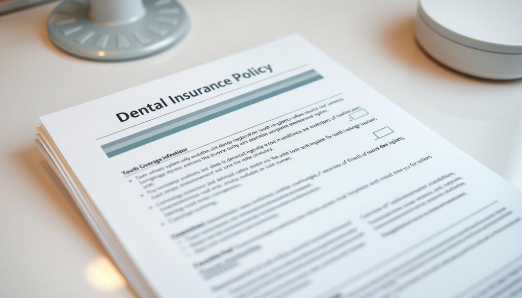 Detailed close-up view of a dental insurance policy document, open and displayed prominently on a clean, minimal white desk surface. The document features clear coverage information for tooth replacement procedures, including dental implants, bridges, and dentures. Soft, even lighting illuminates the page, creating a professional, informative atmosphere. The composition places the policy details in clear focus, conveying the importance of understanding cost considerations for tooth replacement options. The background is subtly blurred, allowing the insurance details to be the central visual element.