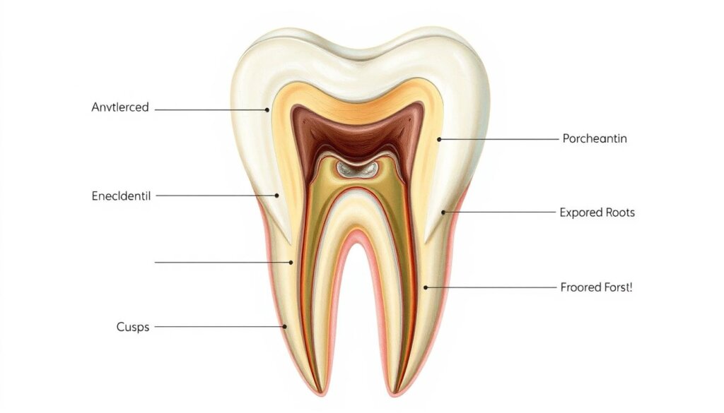 Detailed cross-section of a human tooth, showcasing its internal structure and areas of potential damage. Crisp, high-resolution medical illustration with precise anatomical accuracy. Cutaway view exposes the enamel, dentin, pulp chamber, and root canal. Highlights areas vulnerable to chipping, cracking, and decay, such as the cusps, fissures, and exposed roots. Neutral color palette with soft, diffuse lighting to emphasize the clinical, educational nature of the image. Tight framing and clean background to focus attention on the tooth's intricate composition and the various stages of deterioration.