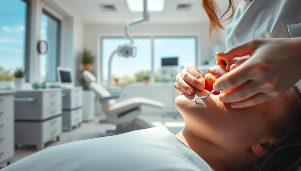 Detailed dental cleaning routine in a serene, clinical setting. Foreground features a dental hygienist's hands gently working on a patient's teeth, with dental instruments and tools in view. Middle ground shows a reclining dental chair and equipment. Background depicts a bright, airy dental office with minimalist decor and large windows allowing natural light to flood the space. Crisp, even lighting illuminates the scene, creating a calming, professional atmosphere. Soft, muted color palette with accents of stainless steel and white surfaces. Conveys the importance of regular dental cleanings for oral health.