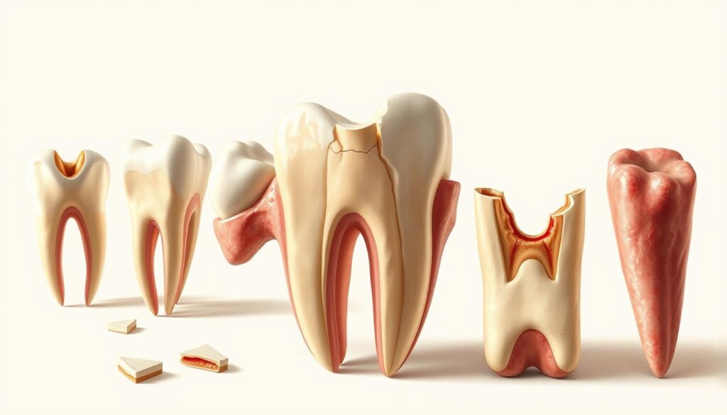 Detailed illustration showcasing various types of broken teeth. A crisp, highly realistic depiction with precise anatomical accuracy, presented in a clean, clinical style. The foreground features close-up views of damaged dental structures, including chipped, cracked, and fractured teeth in various stages of deterioration, rendered with meticulous attention to textures and subtle discolorations. The middle ground provides an angled perspective, allowing for a comprehensive understanding of the tooth types. The background is a plain, neutral environment, free of distractions, focusing the viewer's attention on the subject matter. Warm, even lighting accentuates the intricate details, creating a sense of clarity and scientific objectivity.