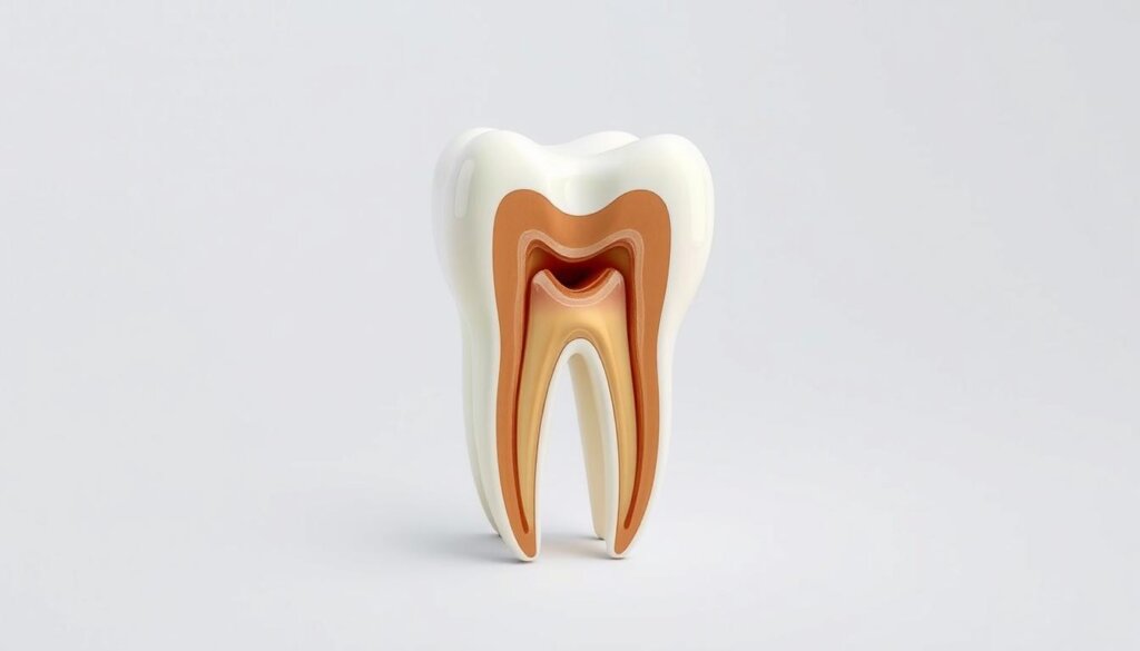 Detailed technical diagram of human tooth anatomy, sectioned to reveal the internal structure. Pristine white enamel exterior, smooth and unblemished. Cutaway view showcasing the dentin, pulp cavity, and root canal system. Precise, high-resolution rendering with crisp lines and muted colors. Lit from the side to accentuate the contours and layers of the tooth. Shot from a slightly elevated angle to provide an optimal view of the intricate anatomical features. Conveys a sense of clinical precision and educational value, suitable for illustrating the structural vulnerabilities of teeth.