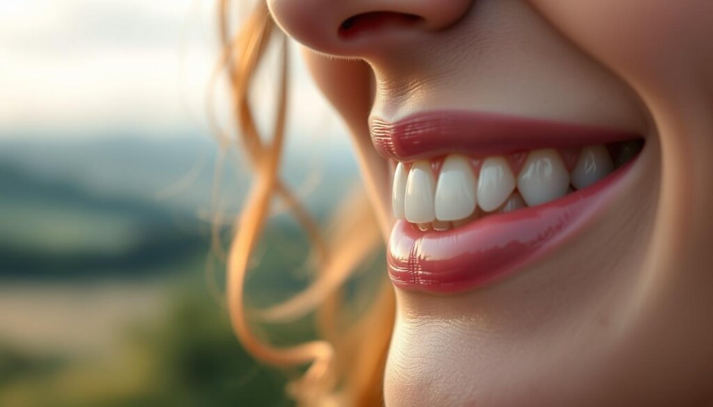 Elegant restoration of a dental bridge, captured in a serene, natural setting. The bridge's gleaming porcelain reflects the warm, soft lighting, casting a gentle glow across the delicate gum tissue. In the foreground, a close-up view showcases the seamless integration of the bridge, blending harmoniously with the surrounding teeth. The middle ground features a slightly wider angle, revealing the bridge's overall design and how it enhances the patient's smile. In the background, a tranquil, out-of-focus landscape provides a calming backdrop, evoking a sense of wellness and well-being. The overall composition conveys the benefits of a dental bridge: a functional, yet aesthetically pleasing, solution that restores the natural beauty of the patient's smile.