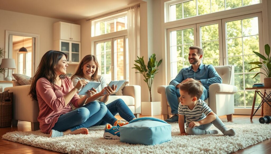 Family Invisalign experiences - a heartwarming scene of a loving household undergoing teeth straightening journey together. In the bright, airy living room, a mother and teenage daughter sit side by side, examining their clear Invisalign aligners with fascination. The father, smiling proudly, offers encouragement from an armchair, while a young son plays contentedly on the plush rug, surrounded by Invisalign-branded accessories. Warm, natural lighting filters through large windows, creating a sense of openness and comfort. The overall atmosphere conveys the joys and challenges of a family united in their Invisalign experience, eager to share their personal testimonials.