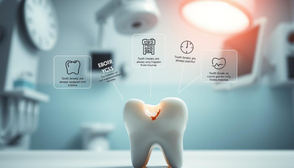Highly detailed, photorealistic illustration of the most common misconceptions about tooth breaks. In the foreground, a set of human teeth against a clean, clinical backdrop, with one tooth visibly cracked. In the middle ground, floating informational icons and graphics debunking myths, such as "Tooth breaks are always painful" and "Tooth breaks only happen from trauma." The background features a subtly blurred medical setting, with diagnostic equipment and tools, conveying an educational, authoritative tone. Dramatic, directional lighting from the top left casts subtle shadows, emphasizing the dimensional quality of the scene. The color palette is muted and professional, with a focus on whites, grays, and blues.