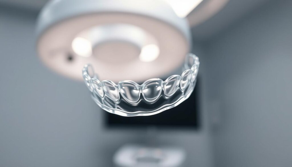 Intricate clear aligners suspended in a crisp, well-lit clinical setting. Smooth, transparent trays with precise contours designed to gently realign teeth. Diffuse, directional lighting illuminates the aligners, casting soft shadows that accentuate their form. The scene conveys a sense of medical precision and dental care, inviting the viewer to appreciate the technical sophistication of these nearly invisible orthodontic appliances. The aligners are the focal point, captured from a slightly elevated angle to showcase their delicate, customized structure against a subtly blurred, pristine background.