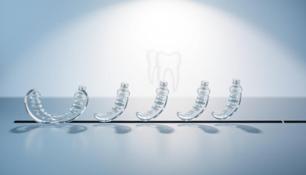 Invisalign treatment timeline: a series of transparent aligners arranged in chronological order, showcasing the gradual transformation of teeth. The foreground features the aligners, with each one representing a distinct stage of the treatment process. The middle ground depicts a neutral, clinical setting with a subtle tooth diagram in the background, providing context. Soft, directional lighting illuminates the aligners, highlighting their clarity and attention to detail. The overall atmosphere conveys a sense of precision, progress, and the gradual improvement in dental alignment over time.